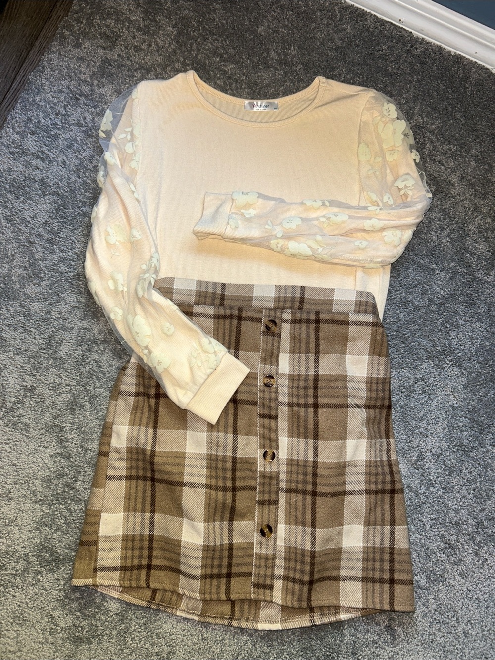 Girls Fall Plaid long sleeve top & A-Line Skirt